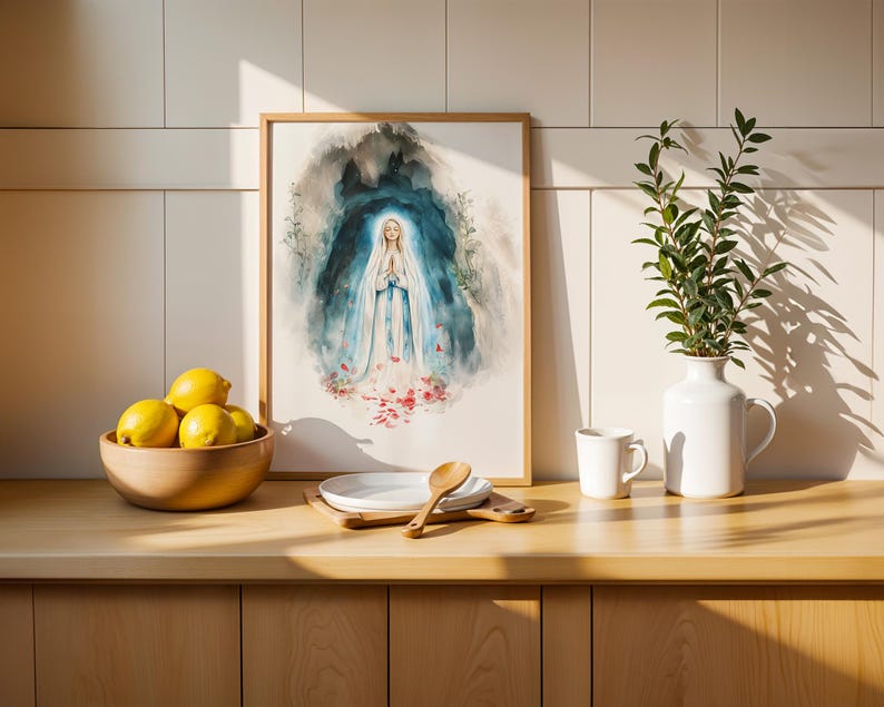 Póster enmarcado de Nuestra Señora de Lourdes / Arte mural católico moderno en acuarela imagen 11