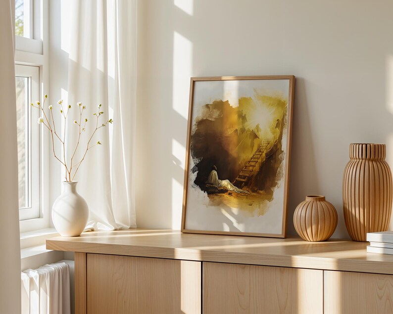 Op de afbeelding: Een ingelijste rechthoekige kunstdruk met een illustratie in aquarel-stijl van een figuur die rust bij een ladder die naar een fel licht leidt. Het kunstwerk gebruikt tinten bruin, goud en wit, weergegeven in een lichtgekleurde houten lijst.