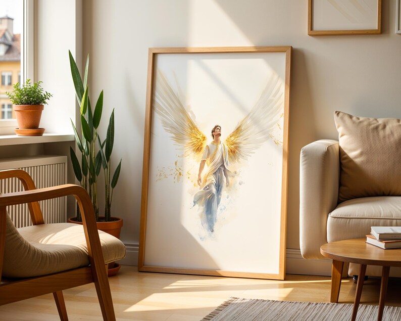 May include: A framed vertical wall art print featuring a watercolor-style illustration of a figure with large, expansive golden wings. The figure is depicted in a flowing white garment, looking upward with a sense of motion and light.