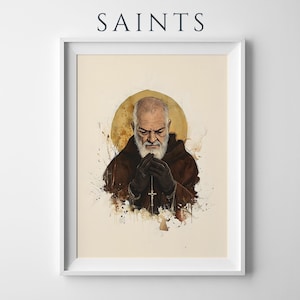Puede incluir: Una impresi&oacute;n enmarcada titulada SAINTS que muestra a una persona mayor con barba blanca vistiendo una t&uacute;nica marr&oacute;n con capucha. Las manos est&aacute;n juntas en oraci&oacute;n sosteniendo un rosario con una cruz, frente a un halo dorado circular.