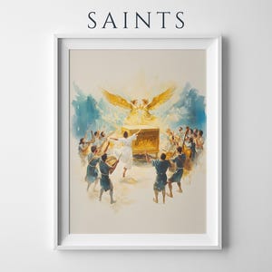 Puede incluir: Una impresi&oacute;n de arte mural enmarcada titulada SAINTS que presenta una ilustraci&oacute;n en acuarela de un grupo de personas con t&uacute;nicas azules rodeando un cofre dorado con una luz brillante y dos grandes figuras aladas doradas encima.
