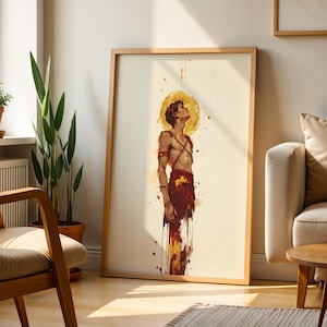 May include: A framed vertical art print featuring a watercolour-style illustration of a person standing with their head tilted upwards. The figure is depicted in shades of red and gold, with a large yellow circular halo behind their head.