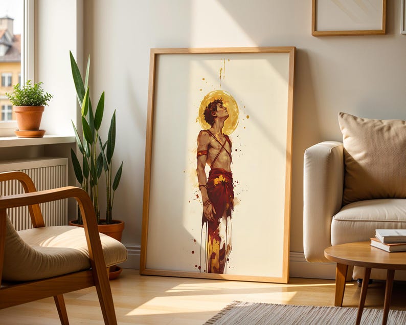 May include: A framed vertical art print featuring a watercolour-style illustration of a person standing with their head tilted upwards. The figure is depicted in shades of red and gold, with a large yellow circular halo behind their head.
