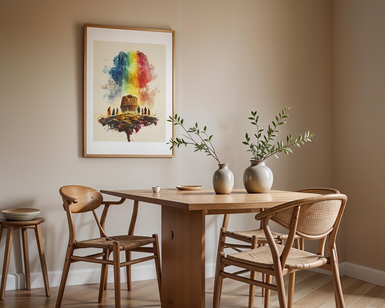 Pu&ograve; includere: Una stampa d'arte incorniciata che presenta un colorato effetto arcobaleno ad acquerello sopra una struttura scura con piccole figure, esposta sopra un tavolo da pranzo in legno con due vasi in ceramica, tre sedie e uno sgabello.