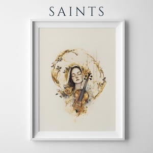 K&ouml;nnte beinhalten: Ein gerahmter Kunstdruck mit dem Text SAINTS am oberen Rand. Die Illustration zeigt eine Person mit geschlossenen Augen, die ein Kopftuch tr&auml;gt, umgeben von goldenen Blumenakzenten und einer Geige, dargestellt im Aquarellstil.