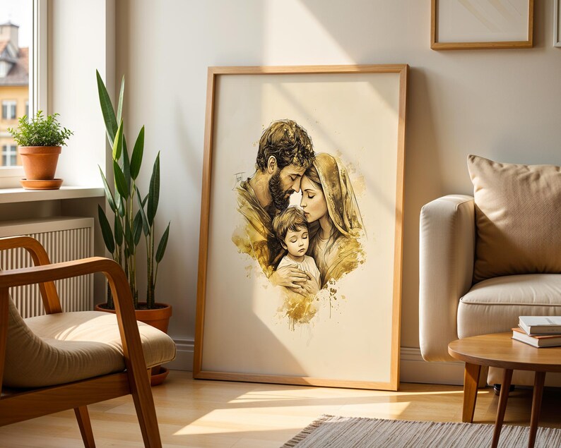 May include: A framed wall art print featuring a watercolor-style illustration of a family of three. The artwork depicts a man with a beard, a woman with a head covering, and a young child in warm, golden-brown tones on a cream-colored background.