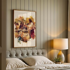 May include: A framed wall art print featuring a watercolor-style illustration of a figure in robes standing before large clay jars, surrounded by a group of people. The artwork uses warm tones of brown, yellow, and red against a white background.