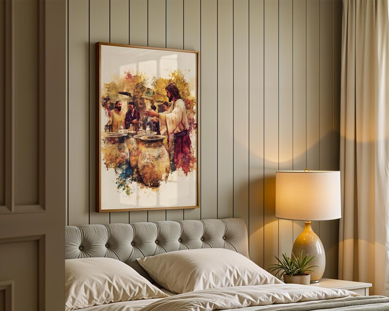 May include: A framed wall art print featuring a watercolor-style illustration of a figure in robes standing before large clay jars, surrounded by a group of people. The artwork uses warm tones of brown, yellow, and red against a white background.