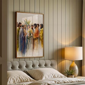 May include: A framed wall art print depicting a group of figures in flowing robes, with a central figure holding yellow lilies. The artwork features a soft, painterly style with a color palette of blues, yellows, and earth tones, displayed in a wooden frame.
