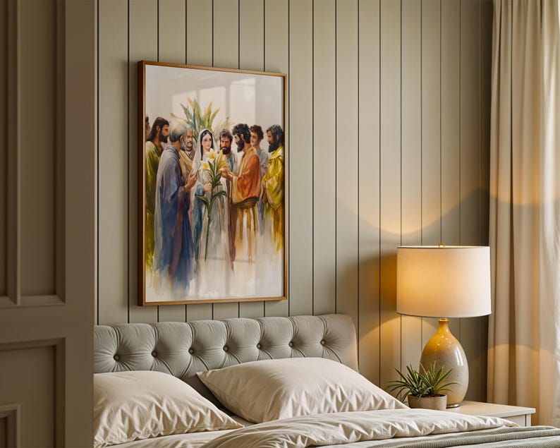 May include: A framed wall art print depicting a group of figures in flowing robes, with a central figure holding yellow lilies. The artwork features a soft, painterly style with a color palette of blues, yellows, and earth tones, displayed in a wooden frame.