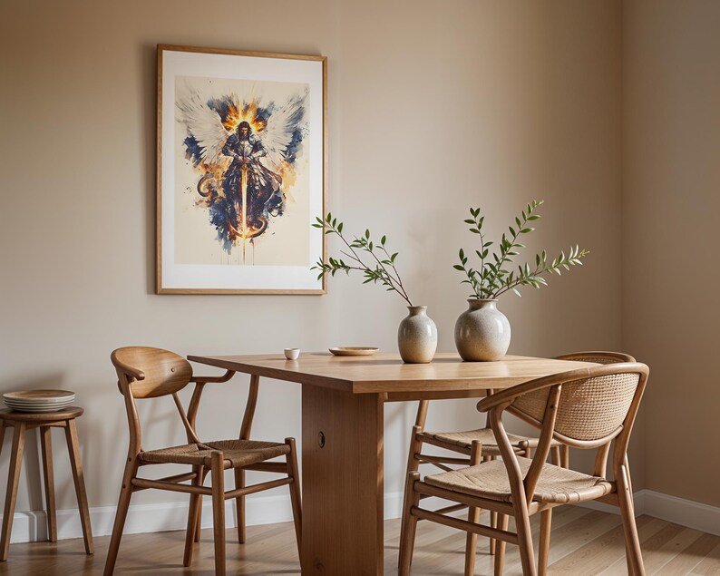 May include: A framed wall art print depicting a winged figure in armour holding a sword, displayed above a wooden dining table with two vases, three wooden chairs, and a small wooden stool with a stack of plates in a neutral-toned room.