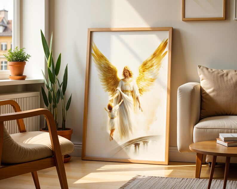 May include: A framed wall art print featuring a large angel with expansive golden wings wearing a white robe, reaching down to hold the hand of a small child who is walking toward a bridge. The artwork uses soft, ethereal light and warm tones.