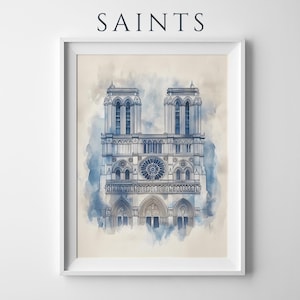 Utskrivbar konst av Notre-Dame de Paris | Akvarell katolsk väggdekoration bild 1