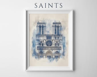 Afdrukbare kunst Notre-Dame de Paris | Katholieke aquarel muurdecoratie
