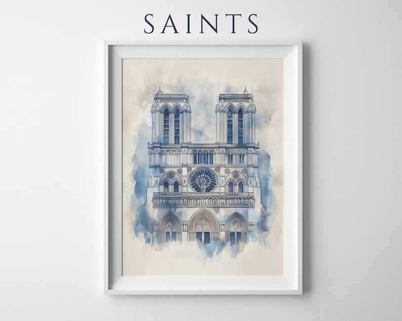 Utskrivbar konst av Notre-Dame de Paris | Akvarell katolsk väggdekoration bild 1