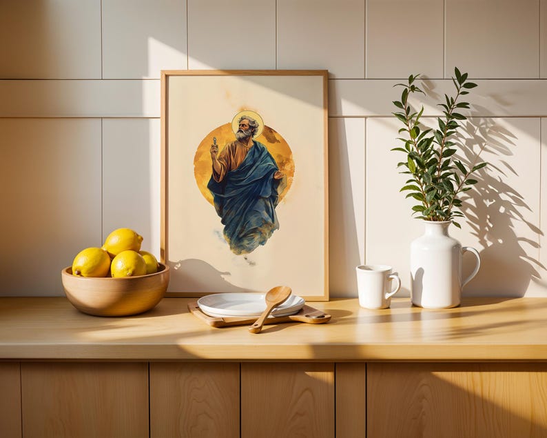 Inramad poster med aposteln Sankt Petrus | Modern akvarell katolsk väggkonst bild 13