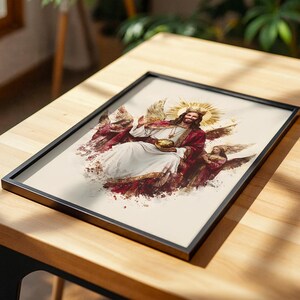 May include: A framed print featuring a central figure with long hair and a beard, wearing a crown and robes, holding a golden orb. The figure is surrounded by winged beings against a light background with red and gold watercolour-style accents.
