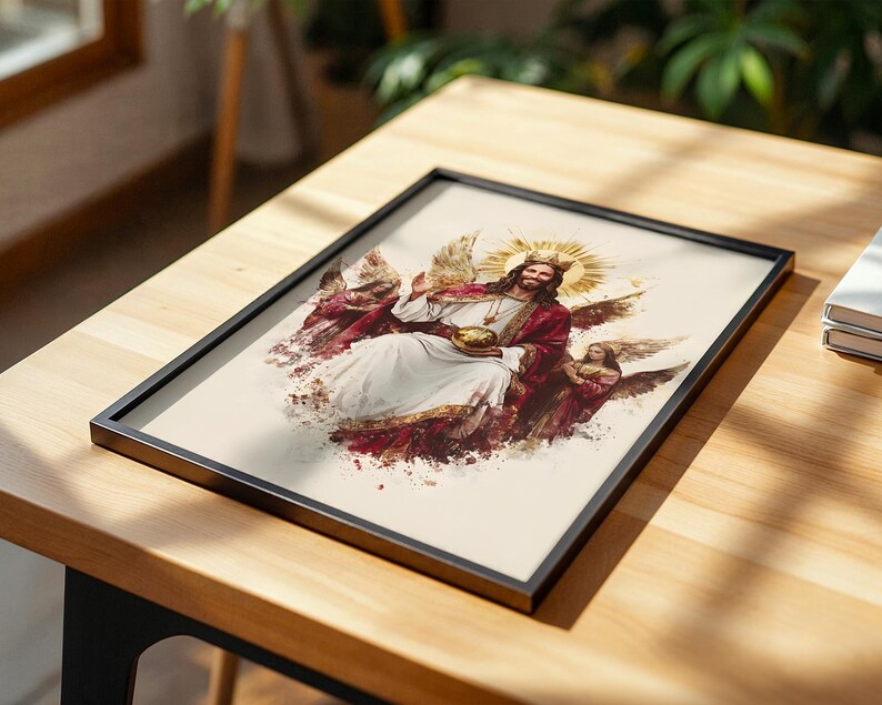 May include: A framed print featuring a central figure with long hair and a beard, wearing a crown and robes, holding a golden orb. The figure is surrounded by winged beings against a light background with red and gold watercolour-style accents.
