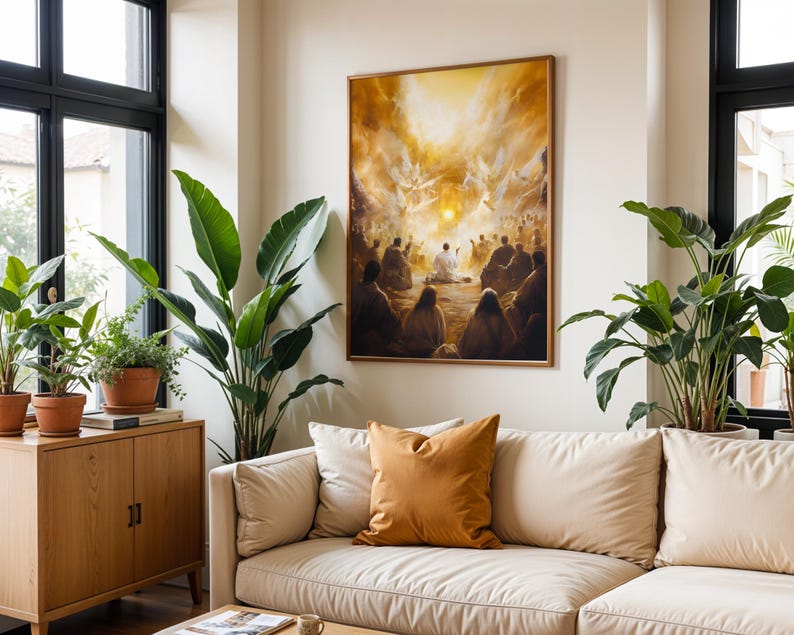 May include: A rectangular wall art print featuring a golden-toned religious scene with a central figure surrounded by seated individuals and winged beings in a bright, ethereal light, framed in a thin metallic border and displayed on a wall.