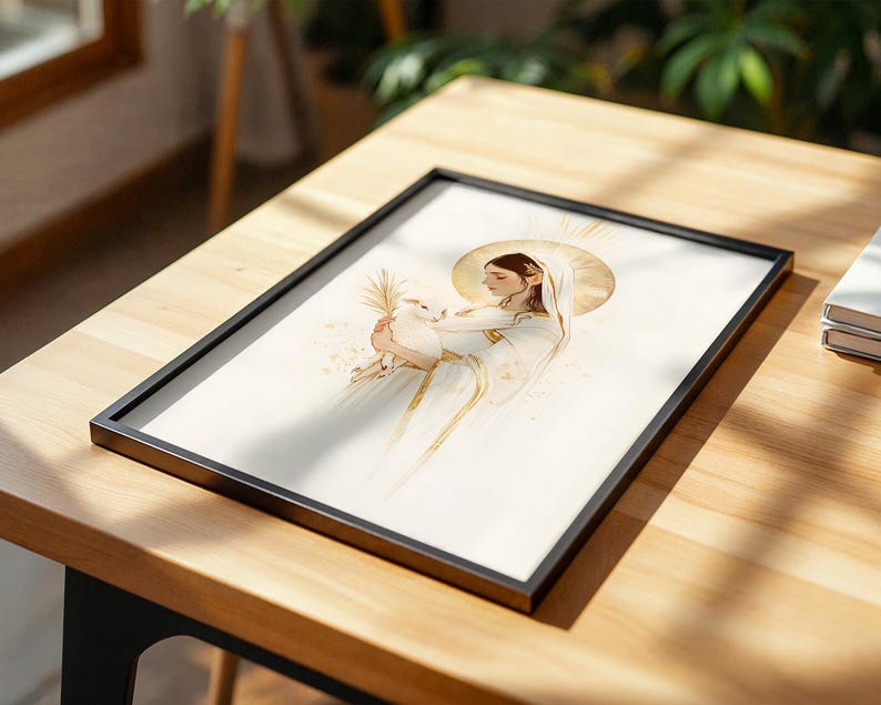 May include: A framed art print featuring a stylised illustration of a figure with a golden halo, wearing white robes and holding a small white rabbit. The artwork uses soft gold and white tones with delicate line work, presented in a thin black frame.