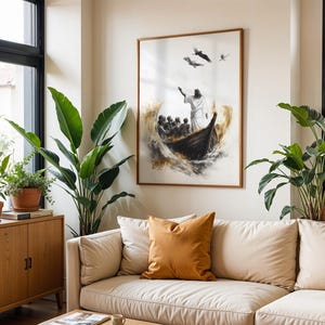 May include: A framed vertical wall art print depicting a figure in white robes standing in a wooden boat amidst turbulent water, gesturing towards three birds in flight. The artwork features a watercolour style with brown, black, and white tones.