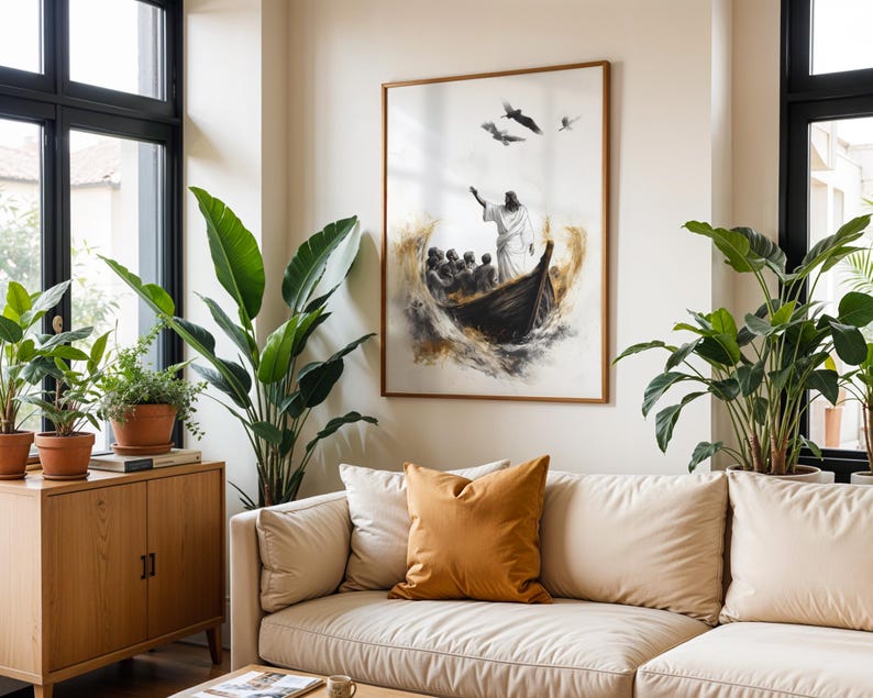 May include: A framed vertical wall art print depicting a figure in white robes standing in a wooden boat amidst turbulent water, gesturing towards three birds in flight. The artwork features a watercolour style with brown, black, and white tones.