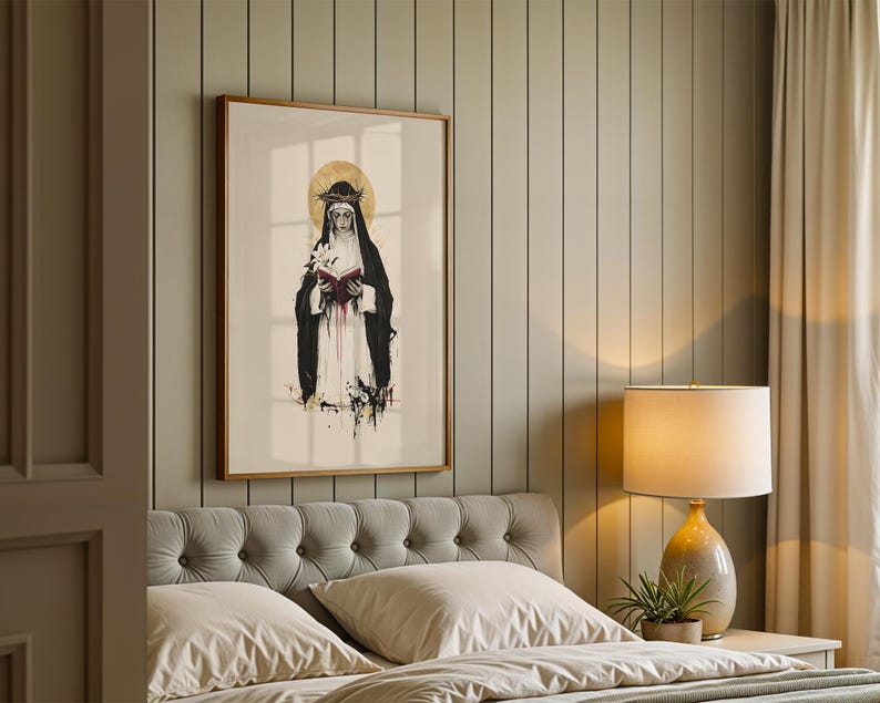 Inramad poster med akvarellmotiv från den heliga Katarina av Siena | Modern katolsk väggkonst bild 3