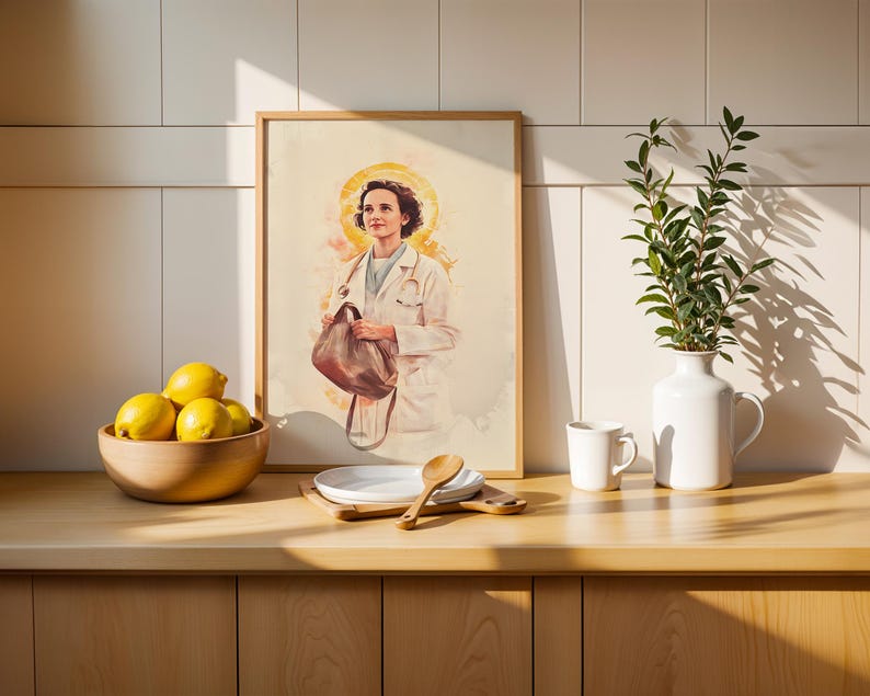 May include: A framed watercolor print depicting a person in a white medical coat with a stethoscope and a brown bag, featuring a yellow halo effect. The artwork is displayed on a wooden counter next to a bowl of yellow lemons and a white vase.