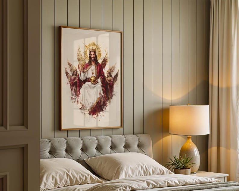 May include: A framed wall art print featuring a central figure with a golden crown and halo, wearing a white robe and a deep red cloak, holding a golden orb. The figure is flanked by two winged beings in a painterly style with warm tones.