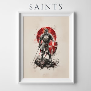 May include: A framed art print titled SAINTS featuring a knight in metallic armour holding a sword and a shield with a red cross. The knight stands over a dark creature against a red circular background with ink splatter effects on a beige paper.