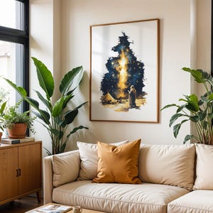 May include: A framed vertical wall art print featuring a stylised illustration of a figure standing in a desert landscape under a vibrant, glowing night sky filled with stars and a bright central light, all enclosed in a thin wooden frame.