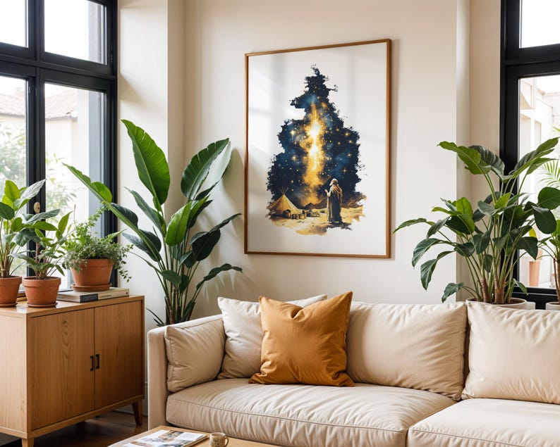 May include: A framed vertical wall art print featuring a stylised illustration of a figure standing in a desert landscape under a vibrant, glowing night sky filled with stars and a bright central light, all enclosed in a thin wooden frame.