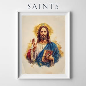 May include: A framed wall art print featuring the word SAINTS at the top. The illustration depicts a figure with long brown hair and a beard, wearing a white robe and a blue cloak, holding a book while raising one hand with a cross symbol.