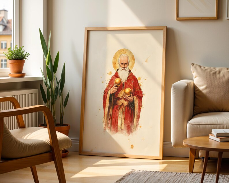 May include: A framed vertical wall art print featuring a watercolour-style illustration of an elderly person with a long white beard, wearing a red robe with gold accents, holding two golden spheres, and a golden halo behind their head.