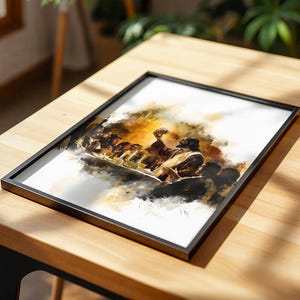 May include: A framed rectangular print featuring a watercolour-style illustration of the Last Supper. The artwork depicts a central figure holding a chalice at a table surrounded by others, rendered in shades of brown, gold, and black on white.