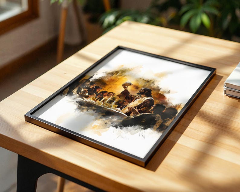 May include: A framed rectangular print featuring a watercolour-style illustration of the Last Supper. The artwork depicts a central figure holding a chalice at a table surrounded by others, rendered in shades of brown, gold, and black on white.