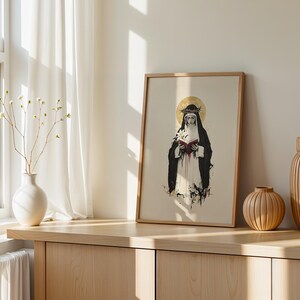Inramad poster med akvarellmotiv från den heliga Katarina av Siena | Modern katolsk väggkonst bild 2