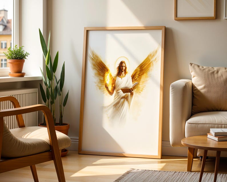 May include: A framed vertical wall art print featuring a central figure with large golden wings, a glowing halo, and long hair, wearing a white robe. The figure holds an open book in one hand and a small flame in the other, set against a white background.