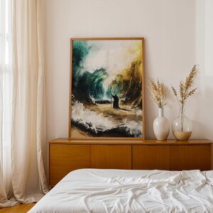 May include: A framed rectangular wall art print featuring a dark, painterly scene of a figure standing before a massive, swirling ocean wave. The artwork uses deep blues, teals, and golden yellow tones to depict a dramatic, stormy coastal landscape.