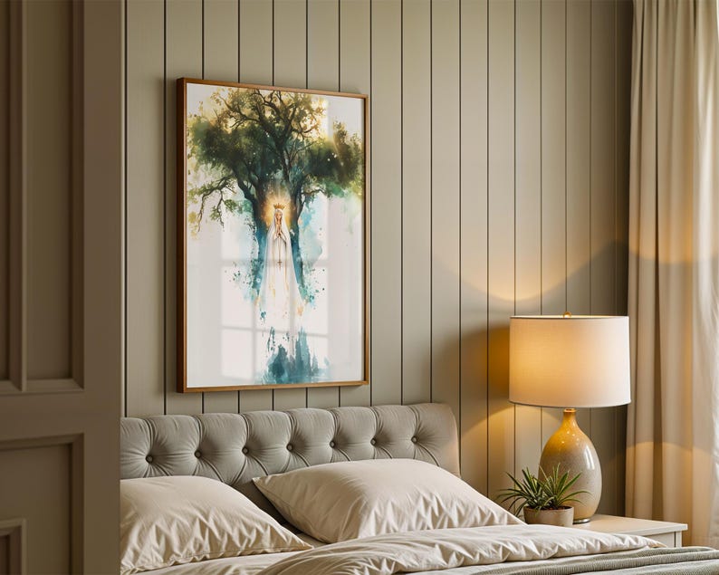 May include: A framed wall art print featuring a watercolour-style illustration of a figure in a long white robe with a golden halo, standing beneath a large, leafy green tree. The artwork uses soft blue and green tones with a bright light effect.