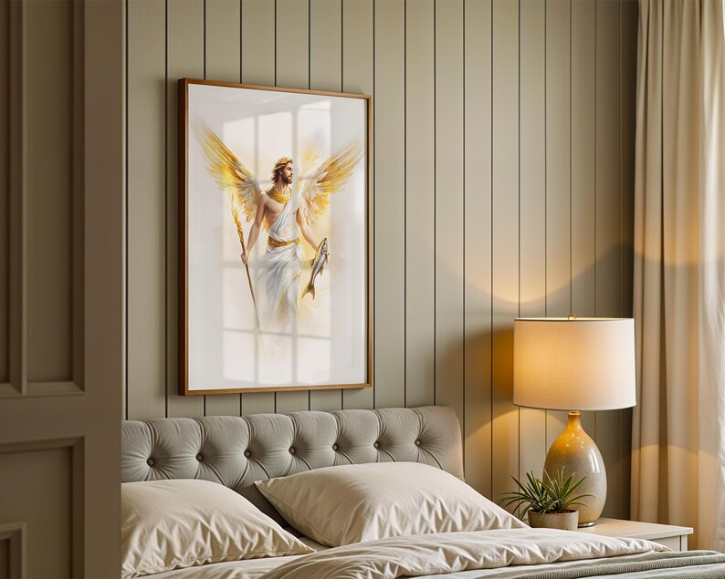 May include: A framed wall art print featuring a figure with large golden wings, wearing a white robe and a golden headband. The figure holds a long staff in one hand and a fish in the other, set against a soft, ethereal, light-filled background.