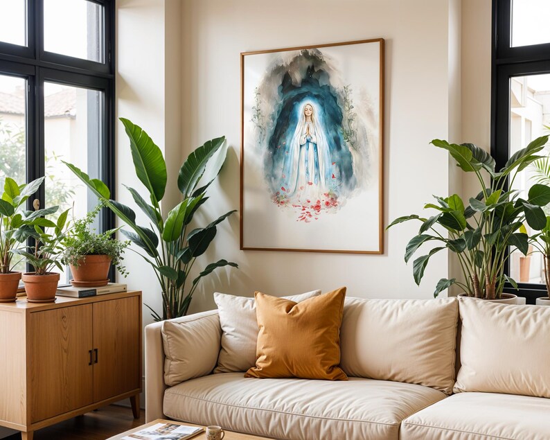 Póster enmarcado de Nuestra Señora de Lourdes / Arte mural católico moderno en acuarela imagen 10