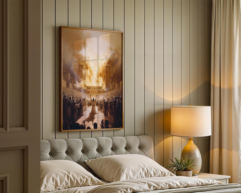 Puede incluir: Una impresi&oacute;n de arte mural rectangular enmarcada que representa a una gran multitud de personas con los brazos levantados hacia una luz brillante y ardiente que emana de una estructura. La obra presenta tonos c&aacute;lidos naranja, amarillo y marr&oacute;n.