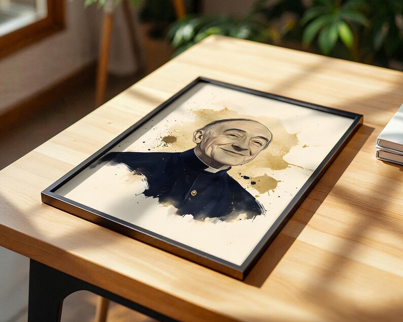 May include: A framed print featuring a watercolor-style portrait of a bald person with a gentle smile, wearing a dark collared shirt with a white clerical collar. The artwork uses beige and brown ink splatters against a light cream background.