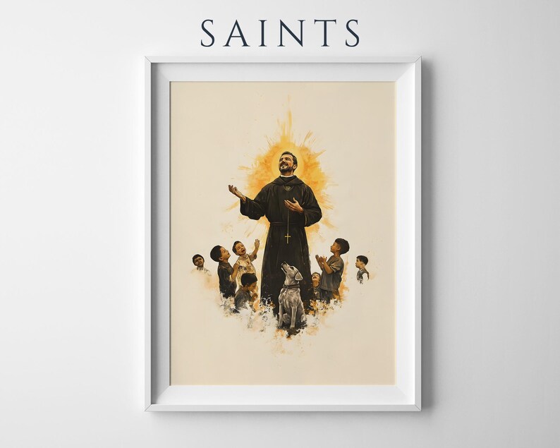 May include: A framed art print titled SAINTS featuring a central figure in a dark robe with a glowing yellow halo, surrounded by a group of children and a dog. The illustration uses warm, muted tones and a soft, painterly style on a light background.