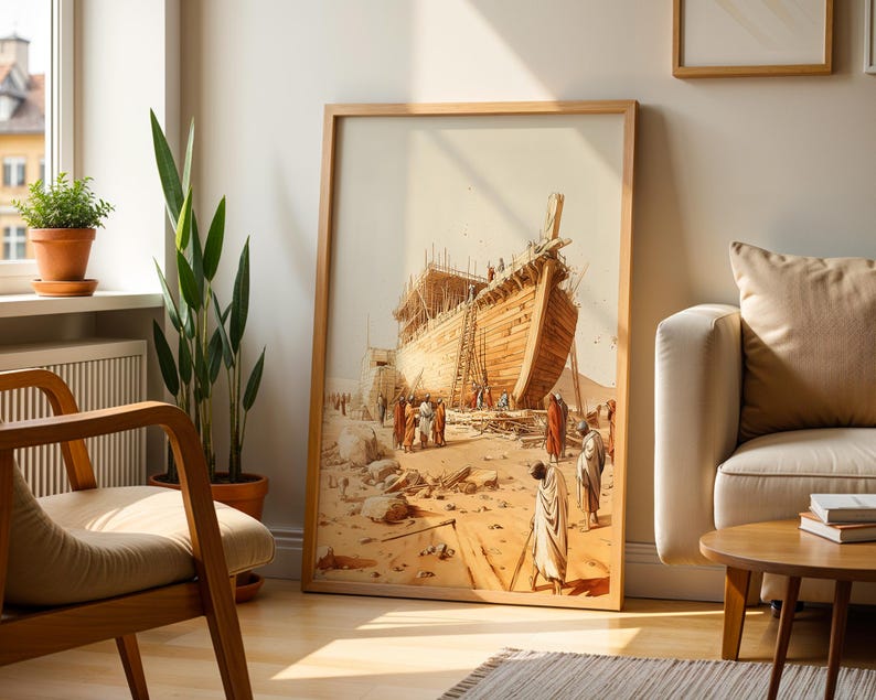 May include: A framed vertical wall art print featuring a sepia-toned illustration of a large wooden ship under construction in a desert landscape, surrounded by figures in traditional robes, set within a light-colored wooden frame.