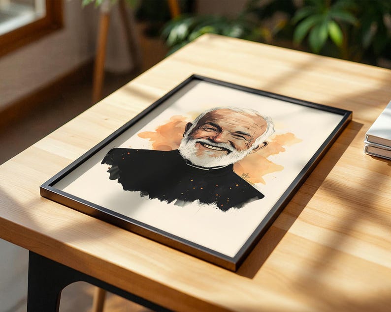 May include: A framed art print featuring a watercolour-style illustration of a smiling older person with a white beard, wearing a black collared shirt. The portrait is set against a soft peach-coloured background with abstract paint splatters.