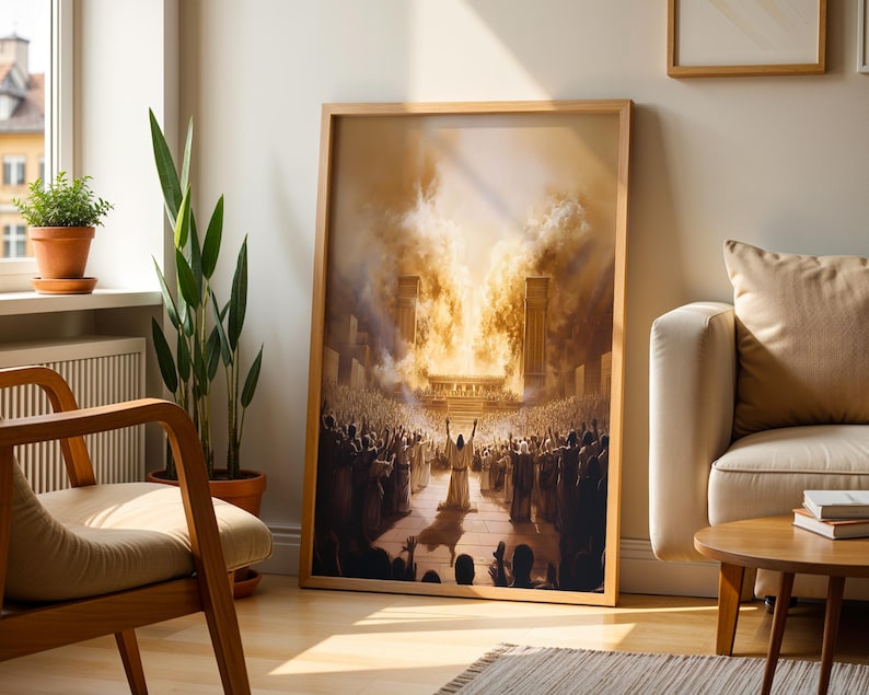 May include: A framed vertical wall art print depicting a large crowd of people gathered before a glowing golden structure with pillars. A central figure stands with arms raised toward a bright, fiery light emanating from the center of the scene.