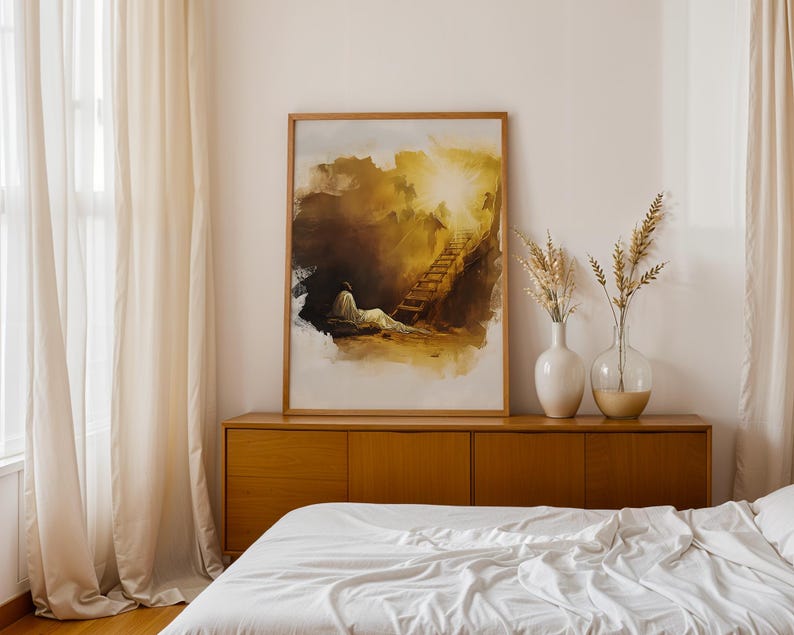 Inramad poster med Jakobs stege | Modern kristen väggkonst | Minimalistisk religiös heminredning bild 12