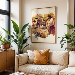 May include: A framed wall art print featuring a watercolor-style illustration of a figure in robes standing before large stone jars, surrounded by other individuals in a warm-toned scene with splashes of yellow, brown, and deep red pigments.